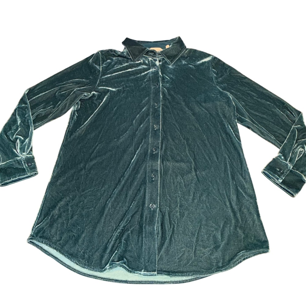 Soft Surroundings Teal Green Velvet Button Front Blouse Top Small Long Sleeve